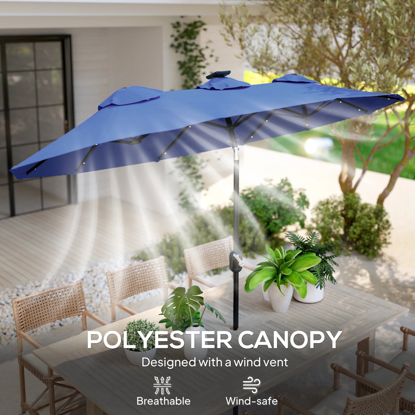 Outsunny 9.7' Double-Sided Solar LED Patio Umbrella – Navy Blue