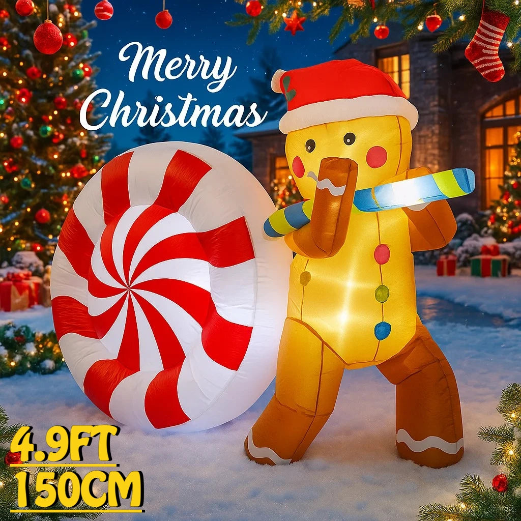 4.9FT Lighted Inflatable Gingerbread Man with Giant Candy