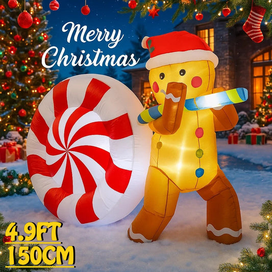 4.9FT Lighted Inflatable Gingerbread Man with Giant Candy