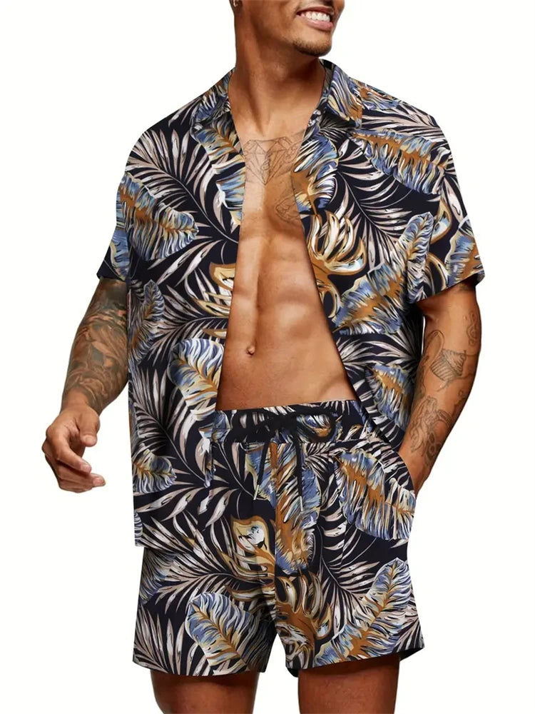 Hawaiian Print Short-Sleeved Shirt & Shorts Set