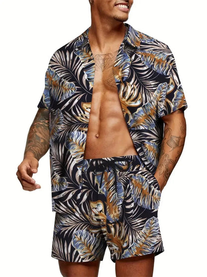 Hawaiian Print Short-Sleeved Shirt & Shorts Set