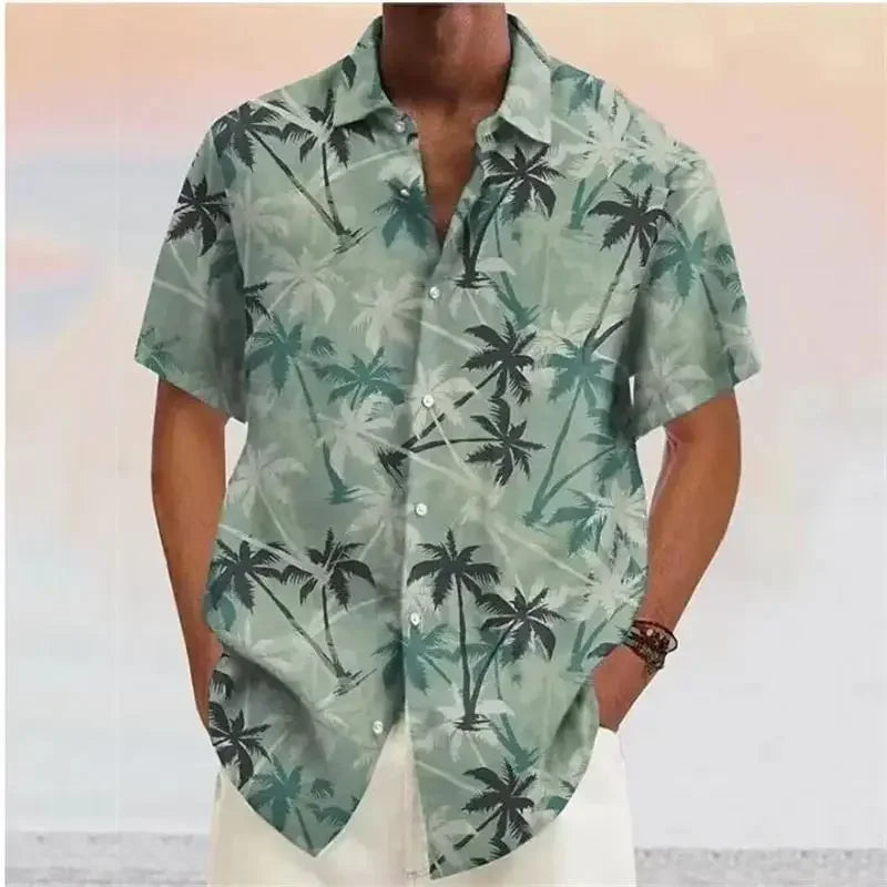 Men's Coconut Tree Quick-Dry Hawaiian Short-Sleeve Button-Up Shirt