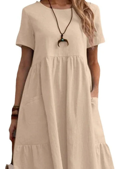 Women's Round Neck 100% Linen Loose Fit Summer Midi Dress with Pockets