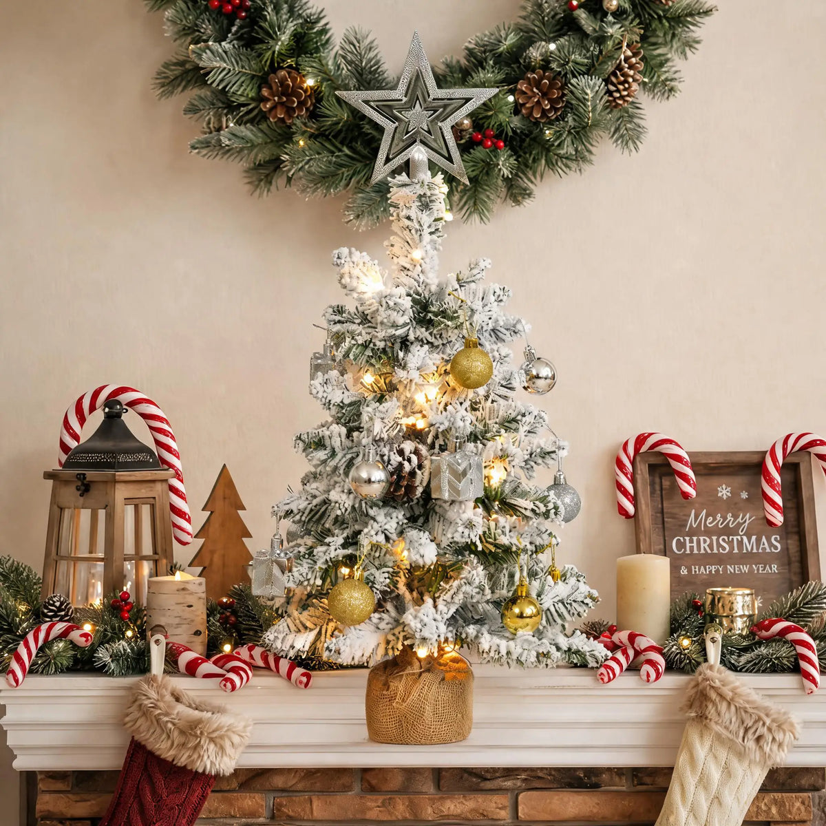 24-Inch Pre-Lit Snowy Tabletop Christmas Tree – Flocked Mini Xmas Tree with LED Lights & Ornaments