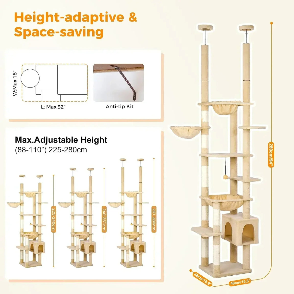 Floor-to-Ceiling Adjustable Cat Tree Tower with Sisal Scratching Posts & Condo