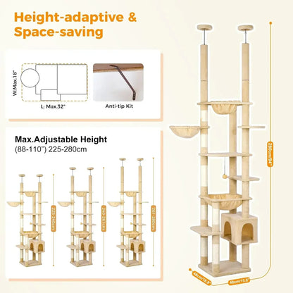 Floor-to-Ceiling Adjustable Cat Tree Tower with Sisal Scratching Posts & Condo