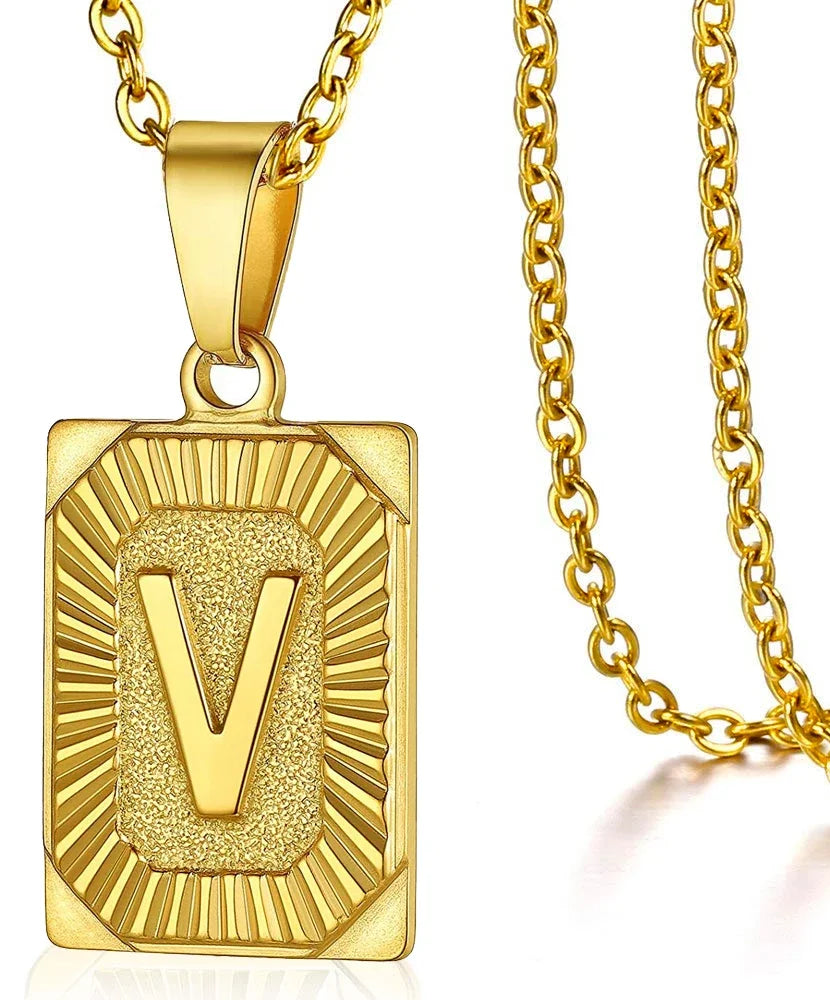 Stainless Steel Initial Pendant Necklace – Minimalist Square Letter Charm Jewelry for Women & Men