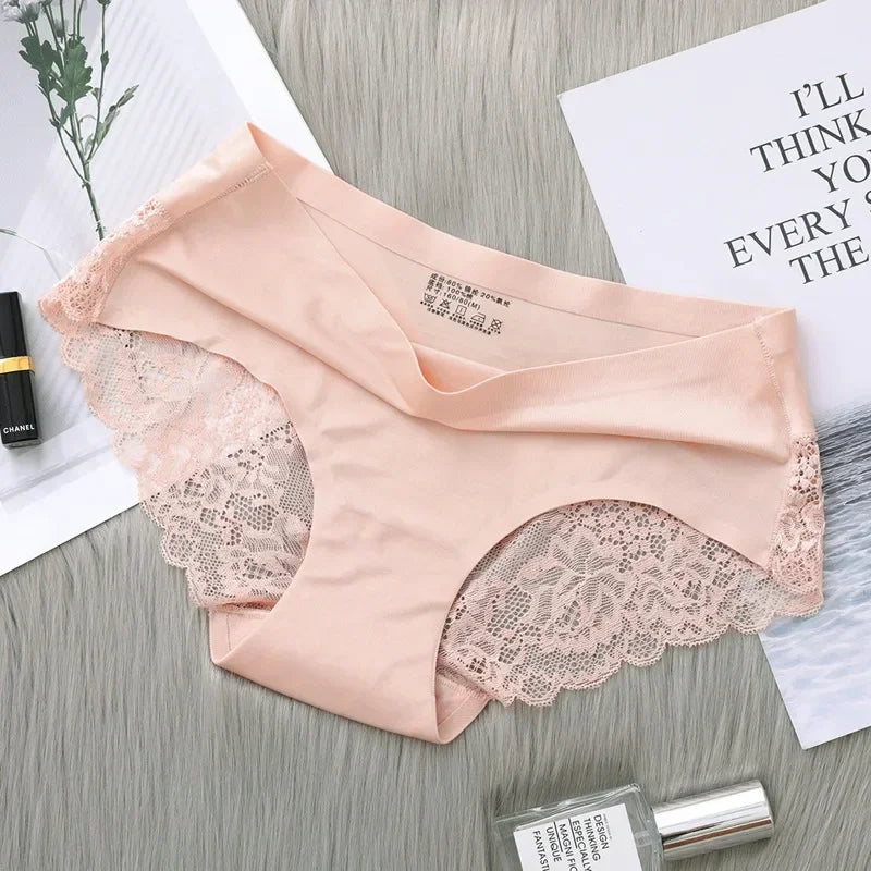 Women's Seamless Ice Silk Lace Trim Briefs