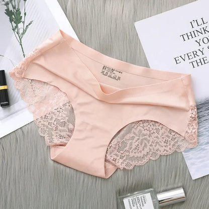 Women's Seamless Ice Silk Lace Trim Briefs