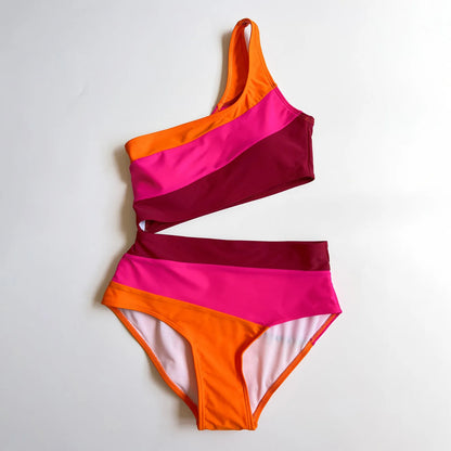 2Pce One Shoulder Cutout Color Block Swimwear