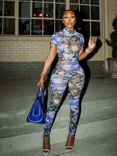 Colorful Print See-Through Jumpsuit