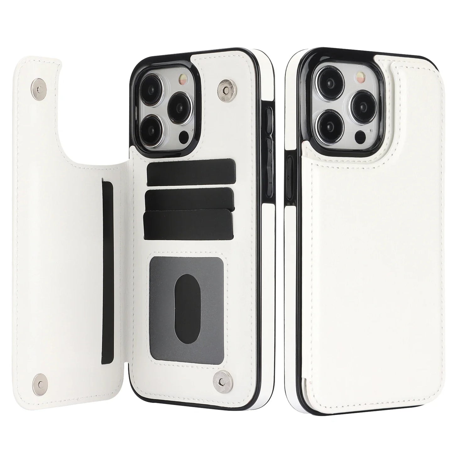 Double Button With Card Slot Stand Flip Leather Case For iPhone
