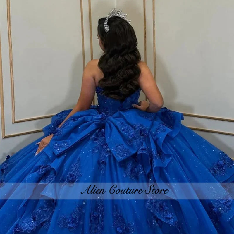 Lace Layering Glitter Decal Long Tail 3D Flower Bow Quinceanera Dress