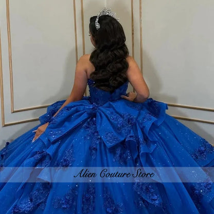 Lace Layering Glitter Decal Long Tail 3D Flower Bow Quinceanera Dress