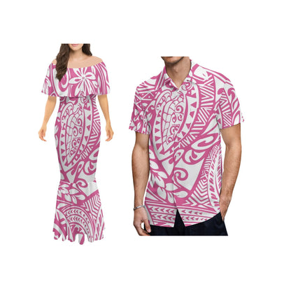 Polynesian Tribal One-Shoulder Mermaid Dress & Matching Men's Shirt