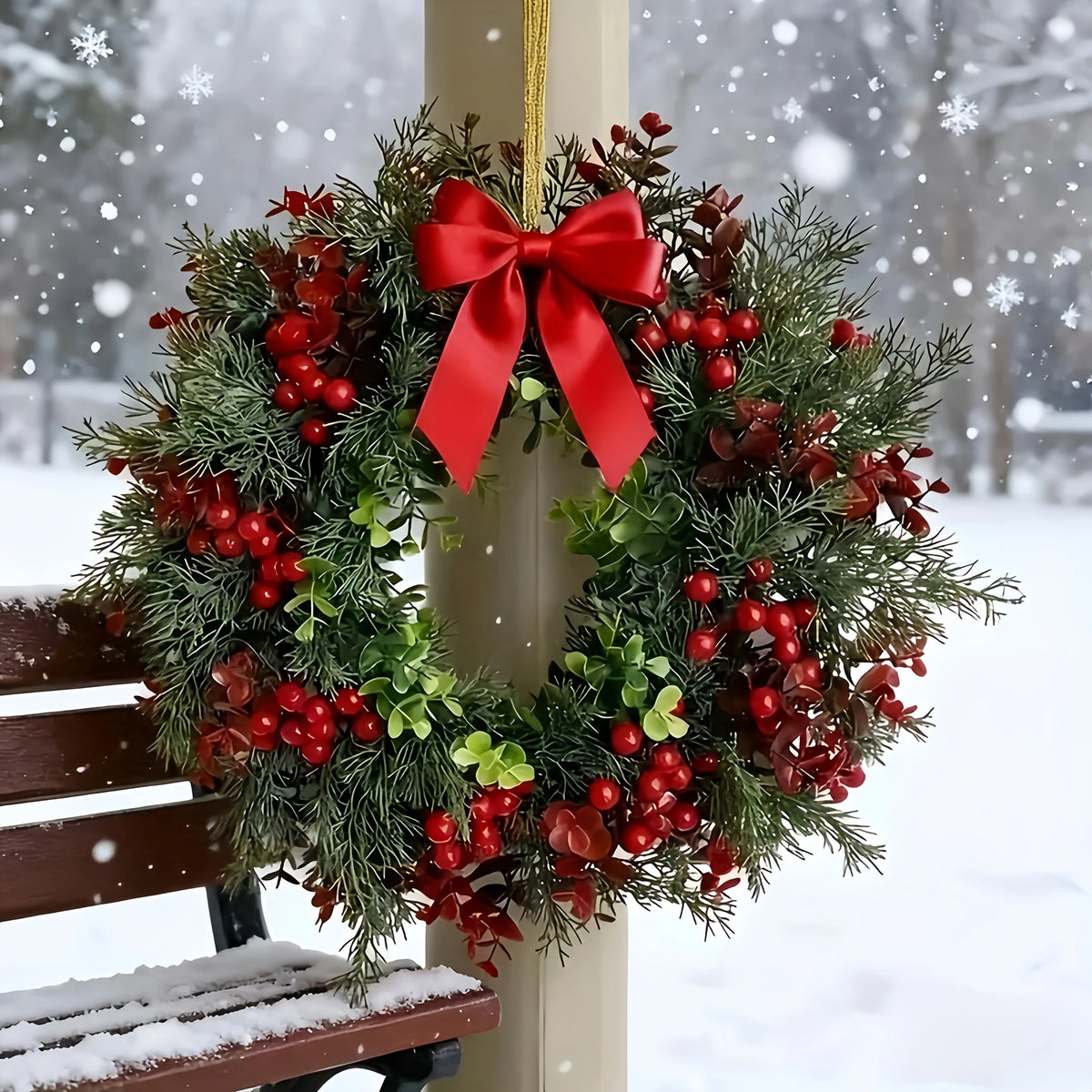 Artificial Red Berry Christmas Wreath with Bow