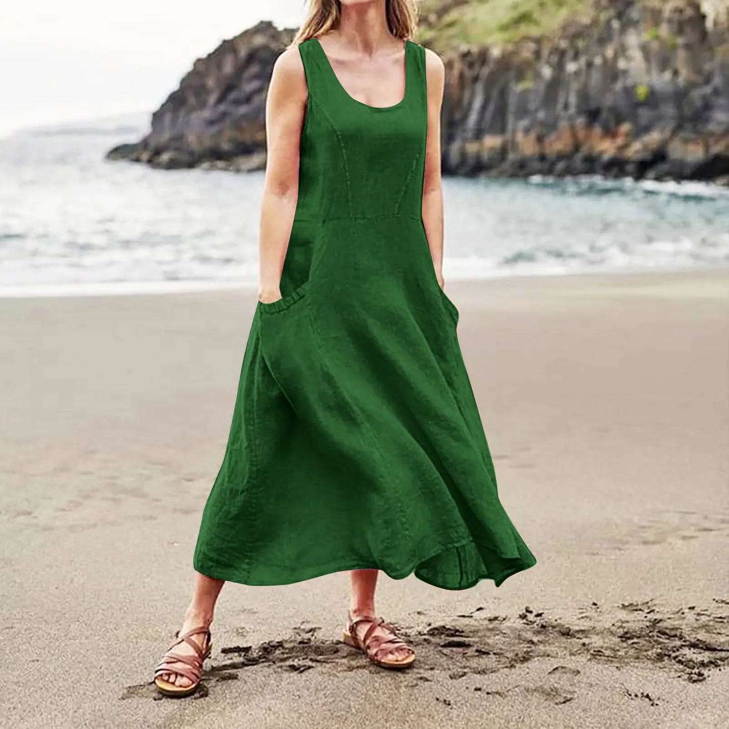 Women's Casual Sleeveless Cotton Linen Long Maxi Dress with Pockets