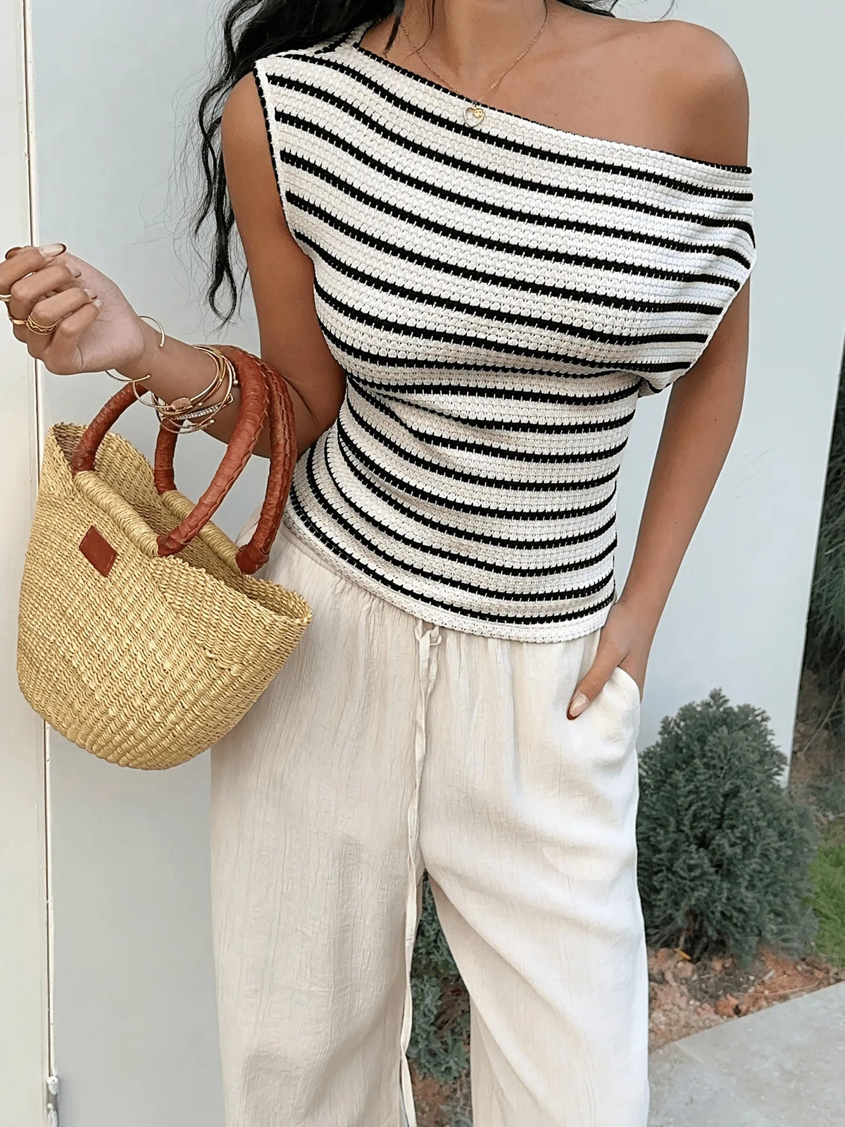 Women's Asymmetrical One-Shoulder Striped Knit Tee Top