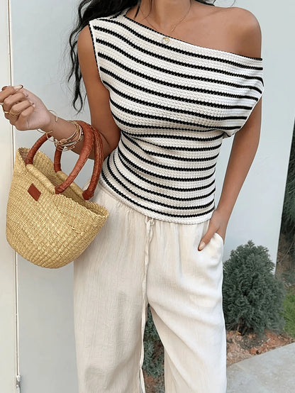 Women's Asymmetrical One-Shoulder Striped Knit Tee Top