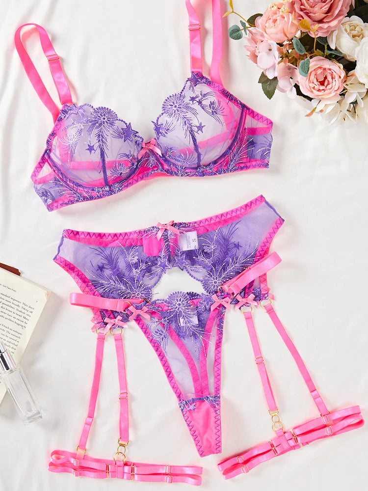 Women’s Pink Floral Lace Lingerie Set – Sensual Contrast Garter Belt & See-Through Bra 3PC Set