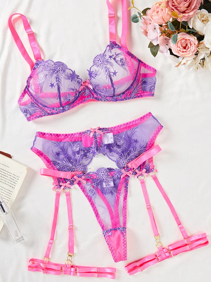 Women’s Pink Floral Lace Lingerie Set – Sensual Contrast Garter Belt & See-Through Bra 3PC Set