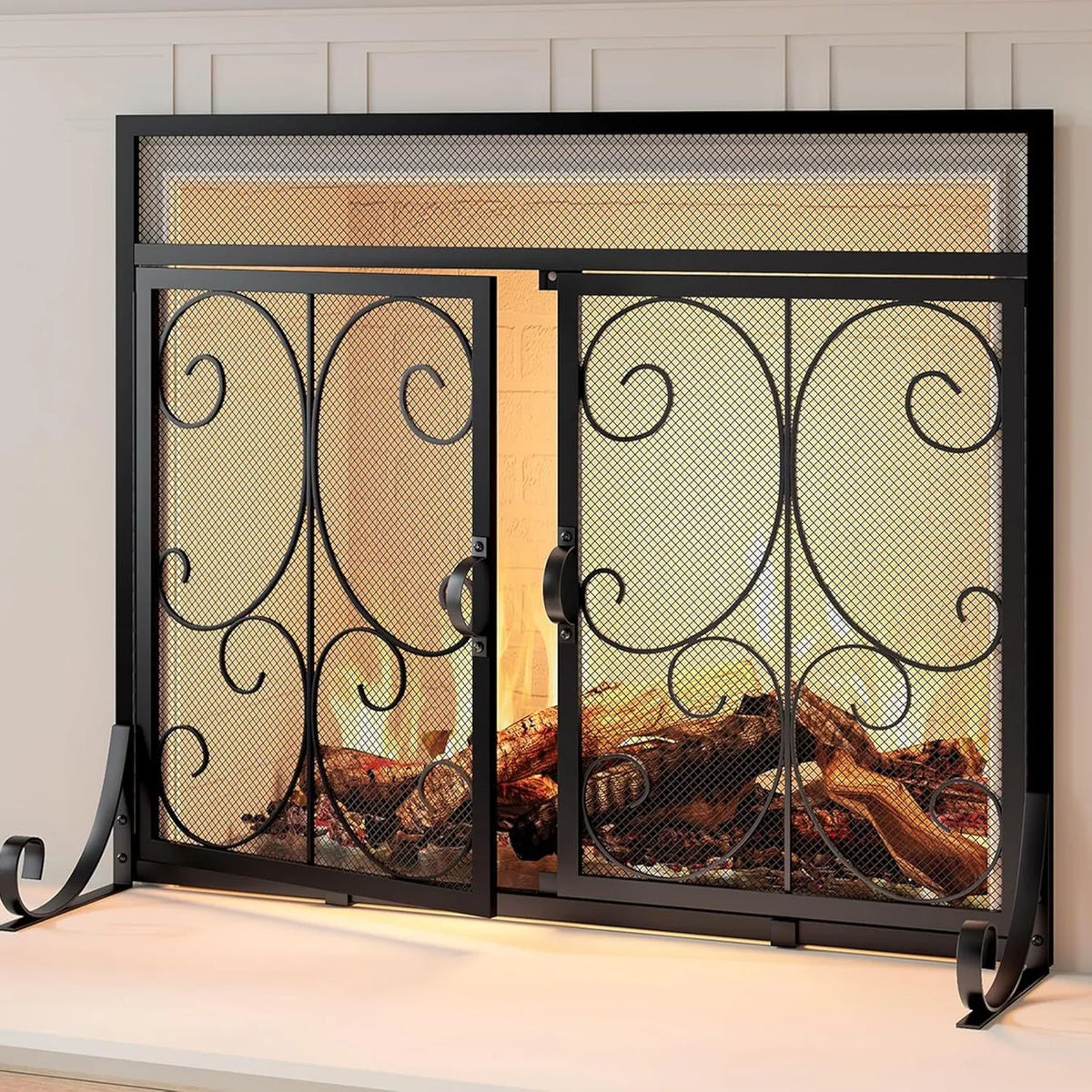 Modern Double-Door Wrought Iron Fireplace Screen Fence