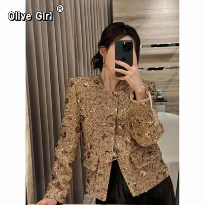 Women's Elegant Sequined Single-Breasted Crop Jacket Coat