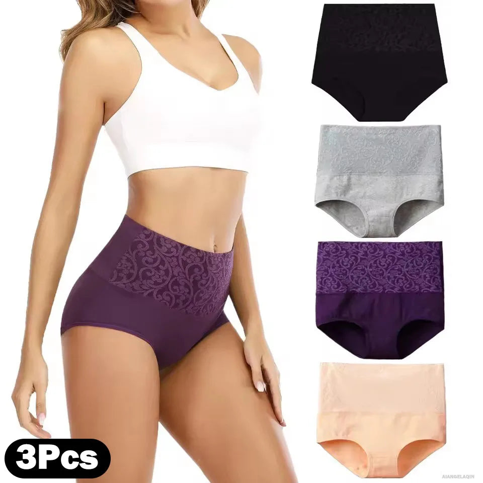 3Pcs Cotton High Waist Abdominal Briefs
