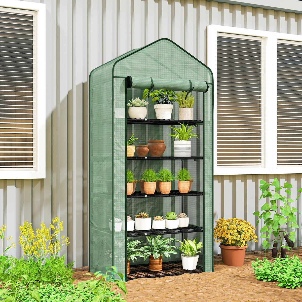 Outsunny 5-Tier Portable Mini Greenhouse with PE Cover & Roll-Up Door