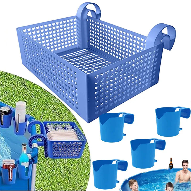 Poolside Storage Basket with Built-In Cup Holders for Above-Ground Pools