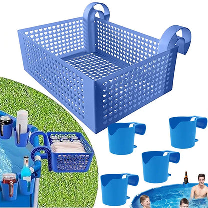 Poolside Storage Basket with Built-In Cup Holders for Above-Ground Pools