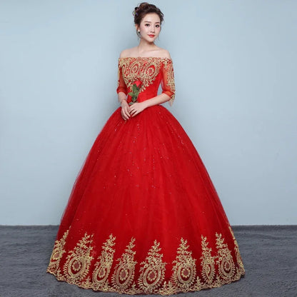 Women's Red Floral Embroidered Off-Shoulder Ball Gown Wedding Dress