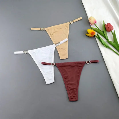 3Pcs Women's Seamless Ice Silk Thong Set - Low Waist Thin Strap G-String Panties with Rhinestone Buckle