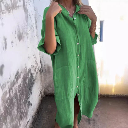 Women's Casual Loose Cotton Linen Solid Color Dress with Pockets