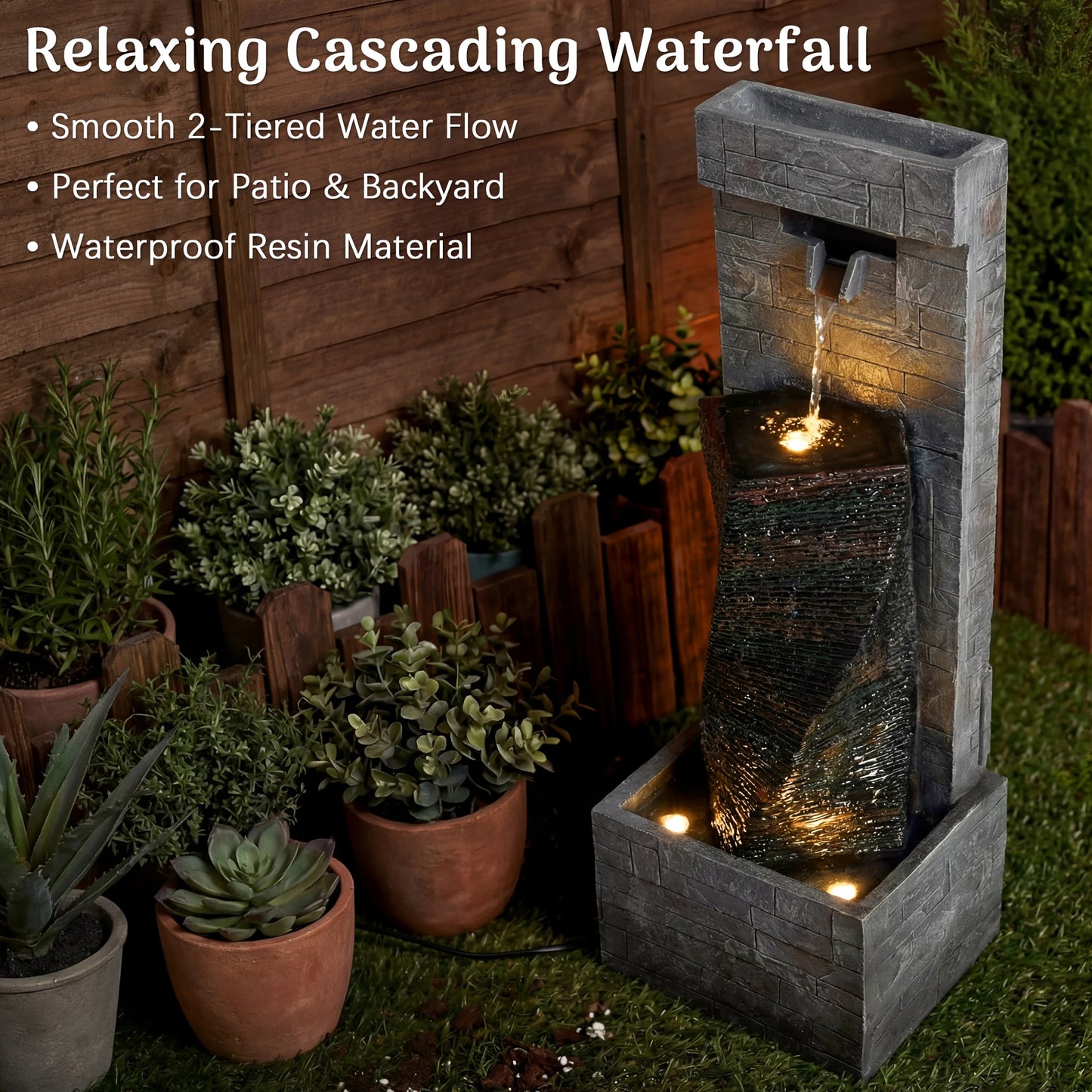 2-Tier Outdoor Cascading Water Fountain with Built-in LED Lights (39.4" H)