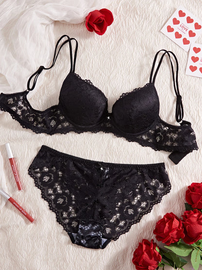 Women's Floral Lace Push-Up Bra & Low-Waist Panty Set