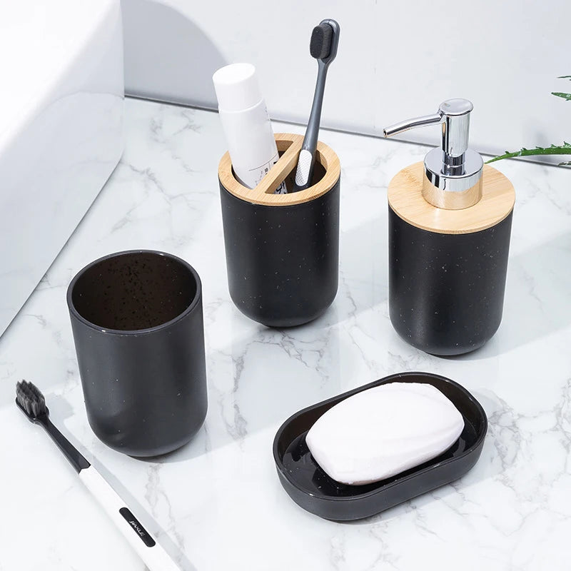 Black Bathroom Toothbrush Holder With Bamboo Cover Lotion Dispenser Soap Box