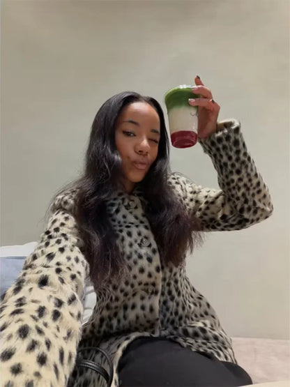 Women’s Leopard Print Short Furry Jacket with Lapel Collar