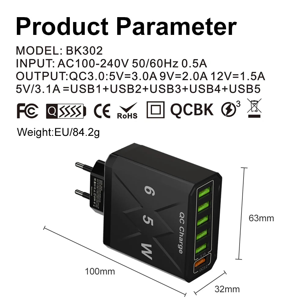 65W 6 Ports USB Fast Charging QC3.0 Travel Charger