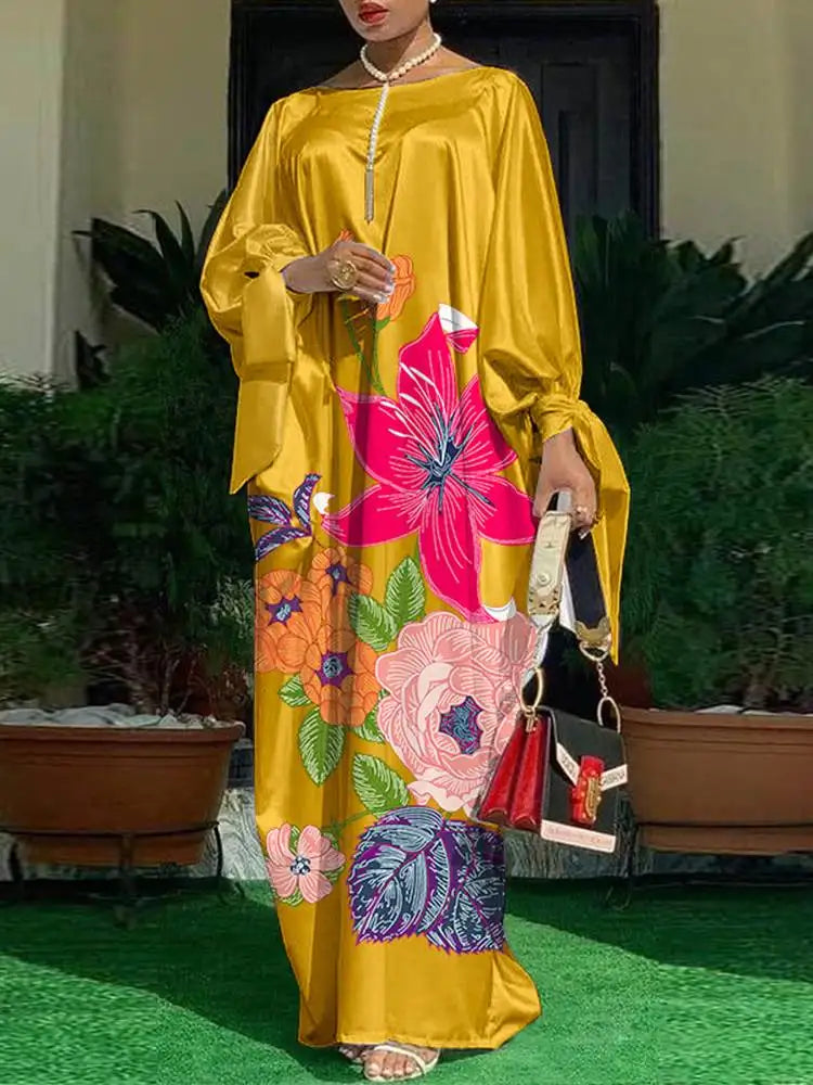 Women’s Long Sleeve Satin Maxi Dress – Vintage Floral Print Boho Sundress