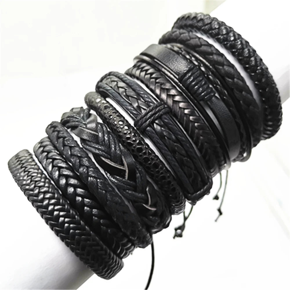 10 Pcs/set Black Wrap Woven Handmade Leather Bracelets