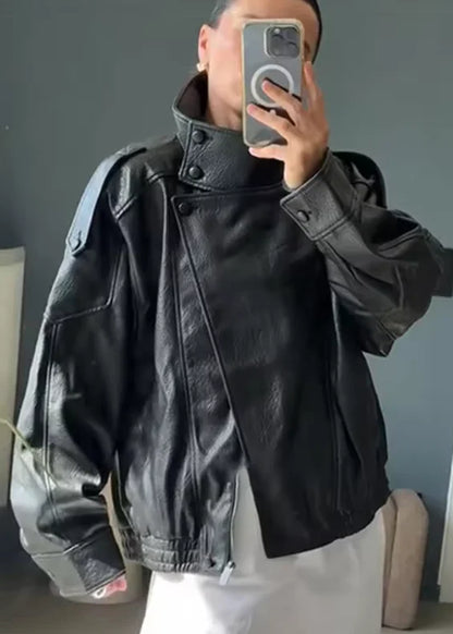 Women's Black Faux Leather Motorcycle Jacket – Long Sleeve Casual Coat