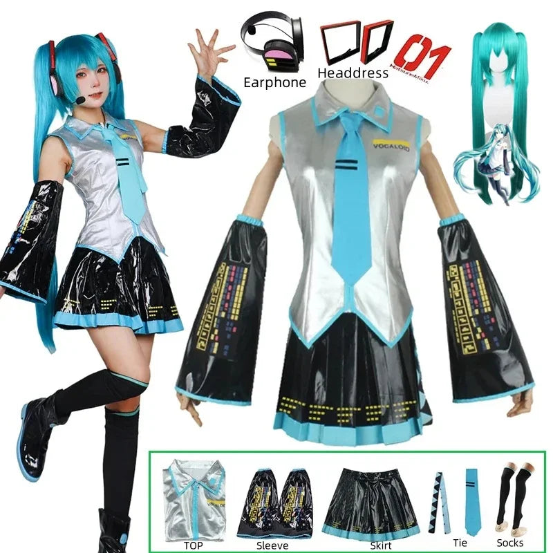 Hatsune Miku Cosplay Costume Set, Silver Leather JK Sailor Dress Uniform Outfit