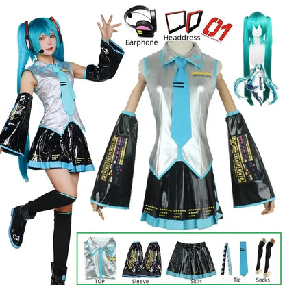 Hatsune Miku Cosplay Costume Set, Silver Leather JK Sailor Dress Uniform Outfit