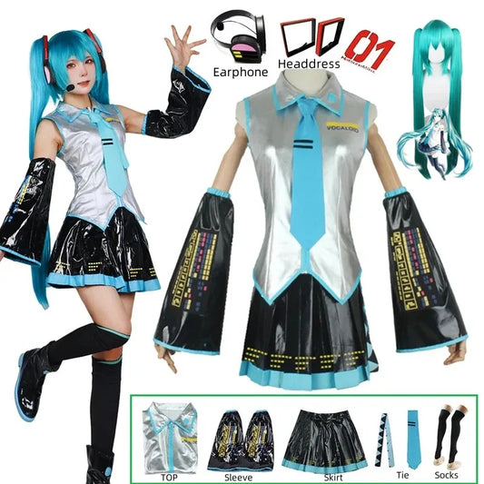 Hatsune Miku Cosplay Costume Set, Silver Leather JK Sailor Dress Uniform Outfit
