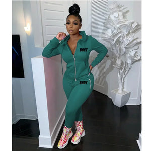 Body Letter Piece Zipper Fly Hoodie and Pants Set