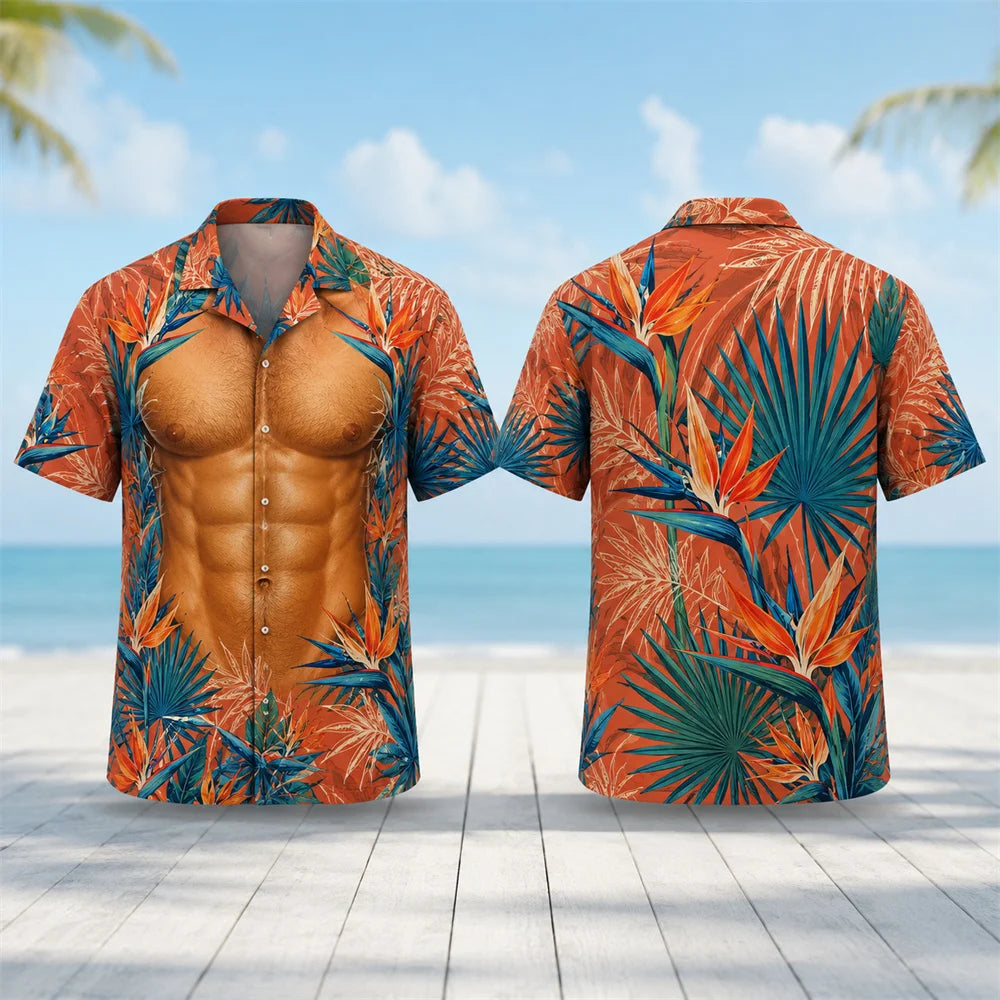Men's Tropical Hawaiian Shirt - Muscle Print Novelty Short Sleeve Button Down Beach Resort Shirt