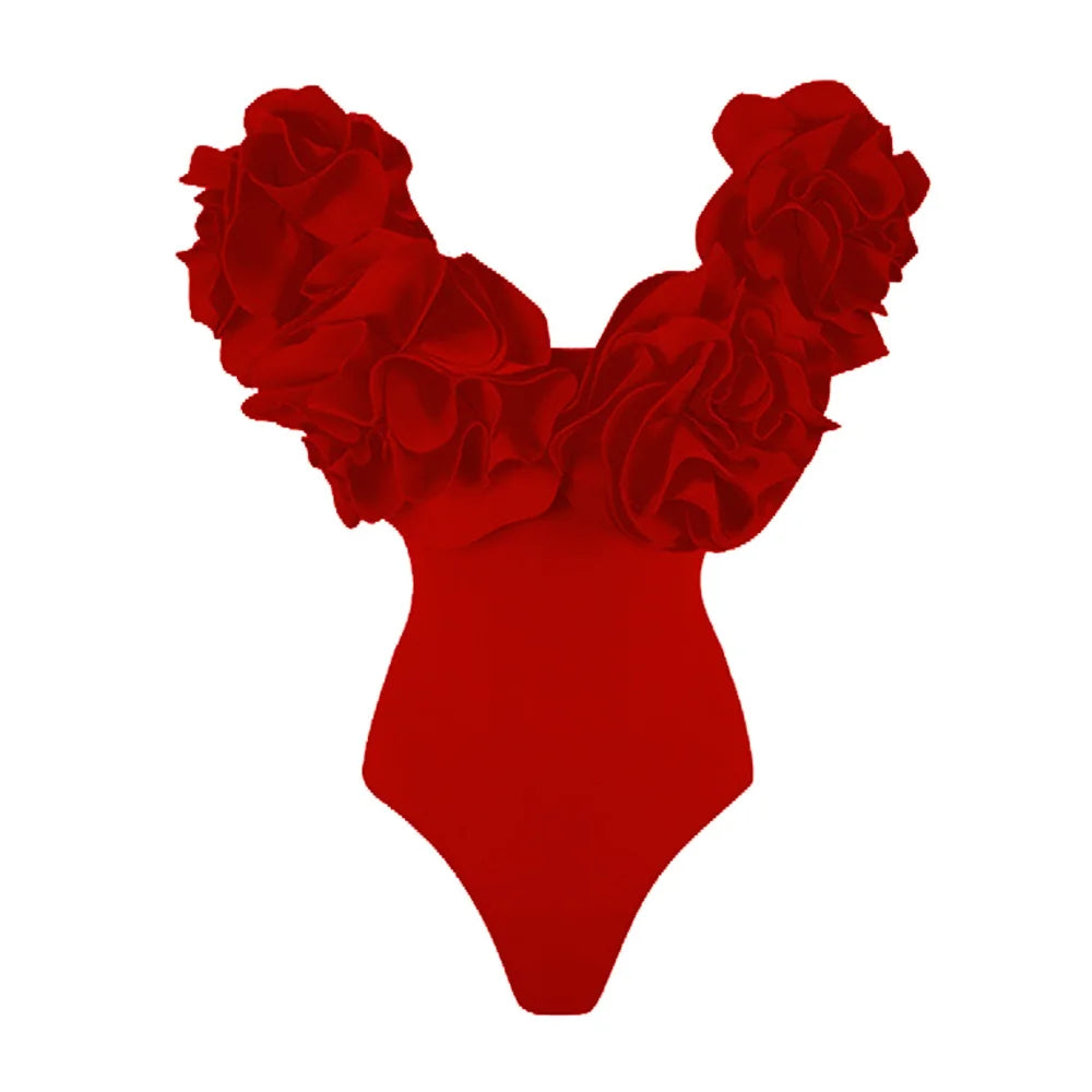 Solid Red Flower One-piece Swimsuit