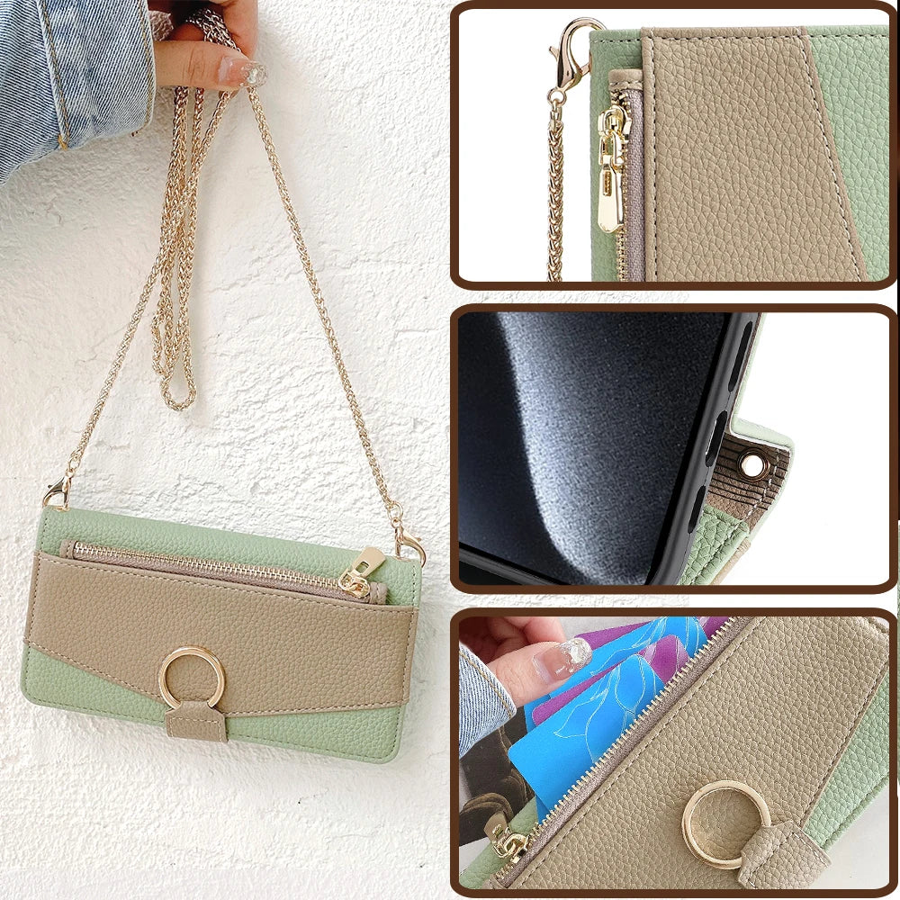 Crossbody Leather Zipper Wallet Case for iPhone Flip Mirror Cover Long Lanyard