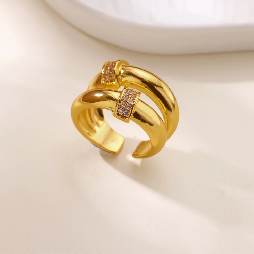 18K Gold Plated Zircon Geometric Open Ring – Trendy Waterproof Stainless Steel Jewelry